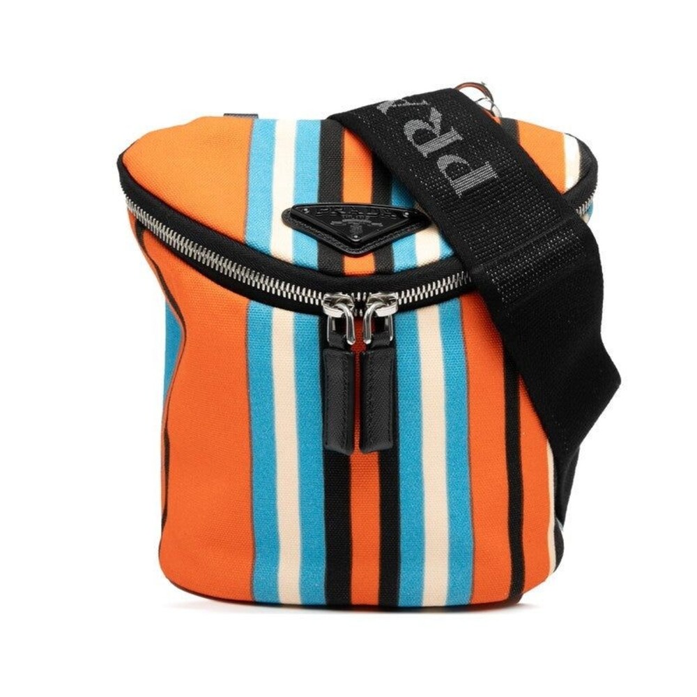 Prada Triangle Logo Plate Stripe Canvas Leather Shoulder Bag Multicolor